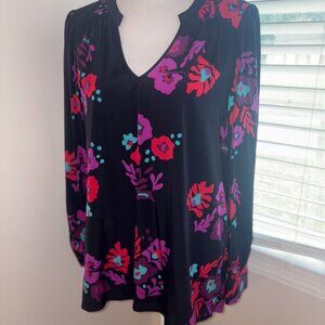 Annie Griffin Silk Blouse Black Floral Timeless Classic Size Large